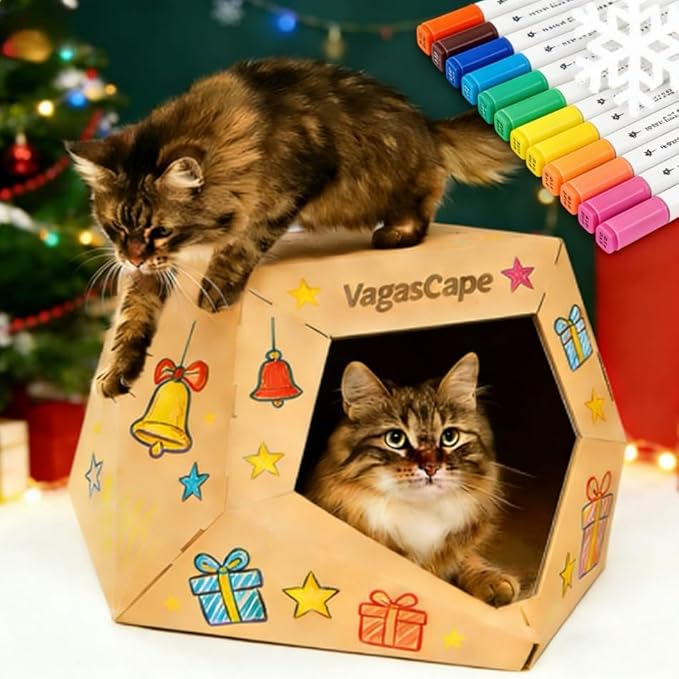 DIY Cardboard Cat House with 10 Markers, Creative Cardboard Scratcher Bed, Play Cave for Indoor Cats, Kittens to Lounge and Play