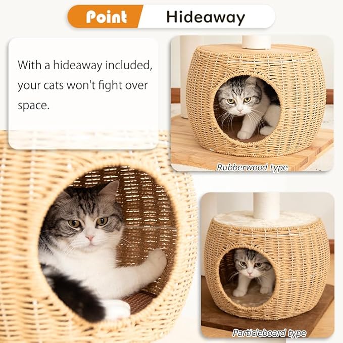 Wood Cat Tree for Large Cat, 60-Inch Tall Cat Tower with Scratching Post for Indoor Cats, Multi-Level Cat Condo with Hand-Woven Cat Bed and Acrylic Bowl Easy to Clean (Brown-81004S)