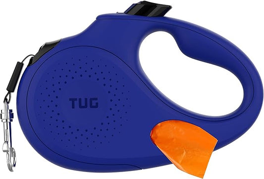 TUG Oval 360° Tangle-Free Retractable Dog Leash with Integrated Waste Bag Dispenser (Medium, Blue)