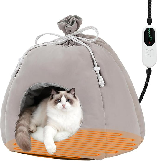 BWOGUE Indoor Heated Cat Bed, 2 in 1 Heated Cat Cave Bed with Temp Adjustable and Timer, Warming Cat Bed Thermo-Pet Nest for Indoor Cats Old Cats 16.9"×16.9"×16.1" (Gray)