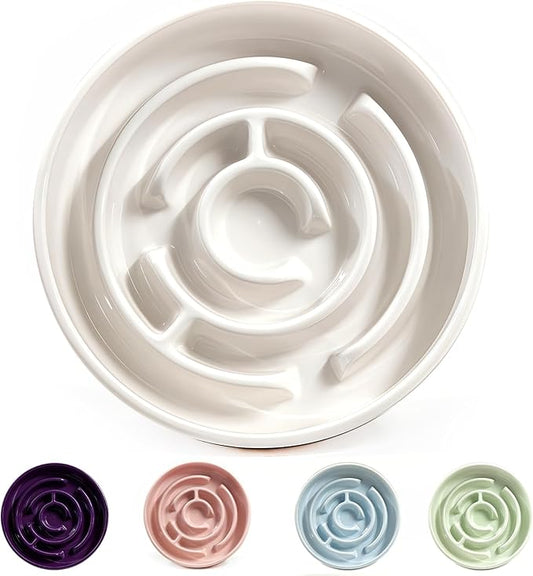 Ceramic Slow Feeder Dog Bowls with Anti-Slip, Slow Feeder & Non-Slip Design, Boredom and Anxiety Reducer, Suitable for All Breed Dogs and Cat (Ceramic-White)