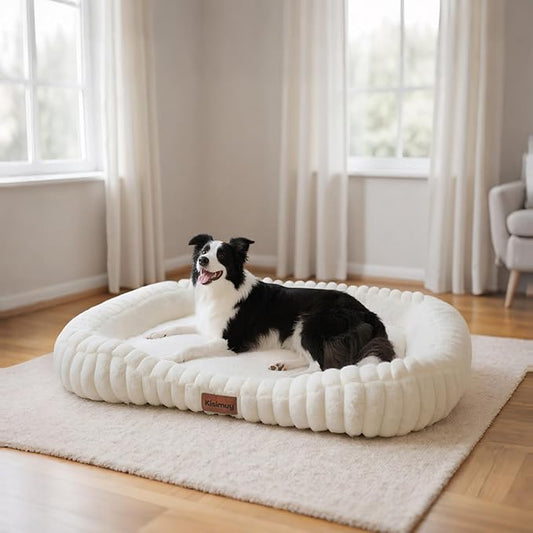 Washable Dog Bed for Extra Large Dogs - XL Soft Plush Furry Calming Dog Bed with Removable Zipper Cover, Orthopedic Rectangle Anti-Anxiety Pet Kennel Bed with Handle, 43x31x5inches, Cream