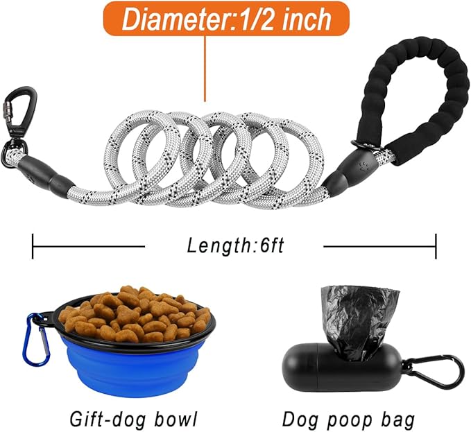 BARKBAY Dog Leashes for Large Dogs Heavy Duty Dog Leash 4/5/6 FT with Comfortable Padded Handle and Highly Reflective Threads for Medium Large Dogs Walking Training Running (6FT-1/2'',Gray)
