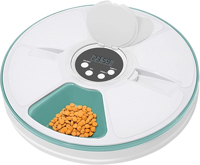 Automatic Cat Feeder for Dry Food,Supplement & Treats， 6 Compartment Timed Cat Food Dispenser for Cats and Small Dogs，No Ice Needed Automatic Dog Feeder (Green)