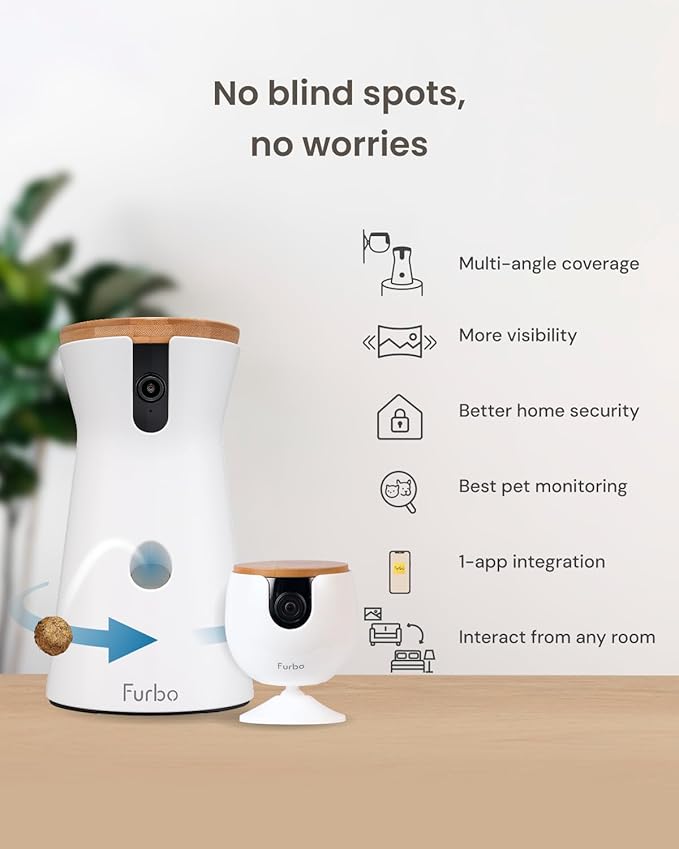 Furbo 360° Dog Camera + Mini [New Subscription Required at Setup] 2-Camera Bundle Nanny Pro Subscription: Dog Safety & Home Security Alerts, Pet Camera with Speaker, Phone App & Night Vision