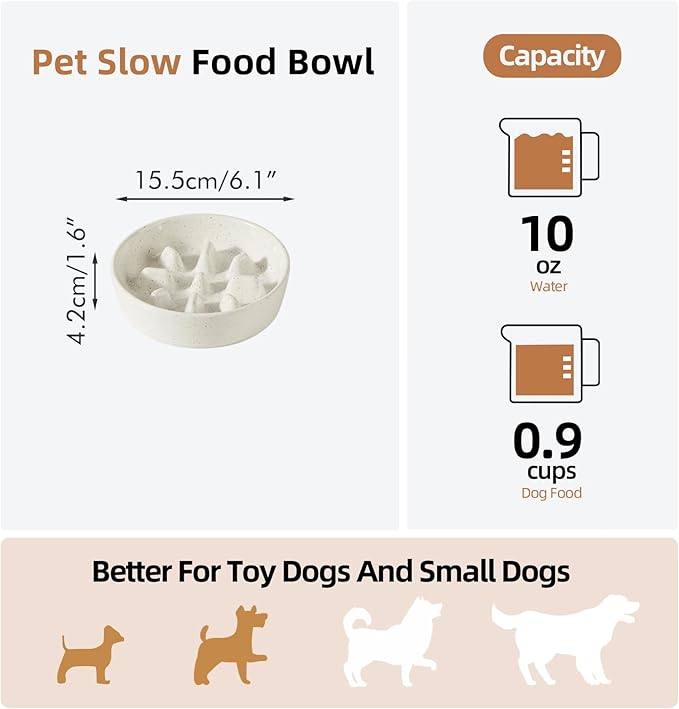 Ceramic 0.9 Cup Dog Bowl Slow Feeder, 6.1inch Slow Dog Food Bowl for Small Dog and Cat, Stop Bloat, Preventing Choking(Single Bowl, Vanilla White)