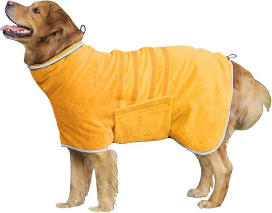 Dog Robe - Fast Drying Towel - Microfiber Super Absorbent Pet Bathrobe, Adjustable Collar & Belly Strap (Yellow, X-Large)