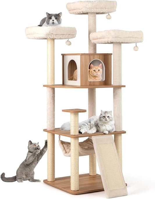 Tangkula Tall Cat Tree, 68 Inch Modern Wood Cat Tower with Sisal Scratching Posts, 3 Padded Perches, Condo, 2-in-1 Ladder, Dangling Balls, Washable Cushions for Indoor Cats Large Adult (Natural)