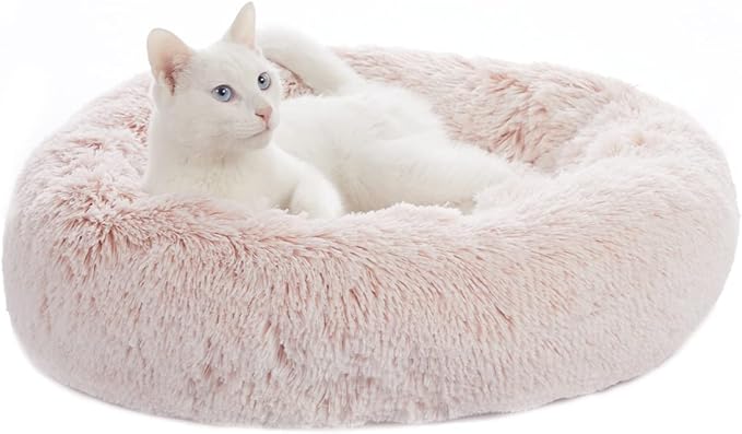 Bedfolks Calming Donut Dog Bed Cat Bed, 23 Inches Round Fluffy Dog Beds for Small Dogs, Machine Washable Anti-Anxiety Plush Puppy Bed（Pink, Small）