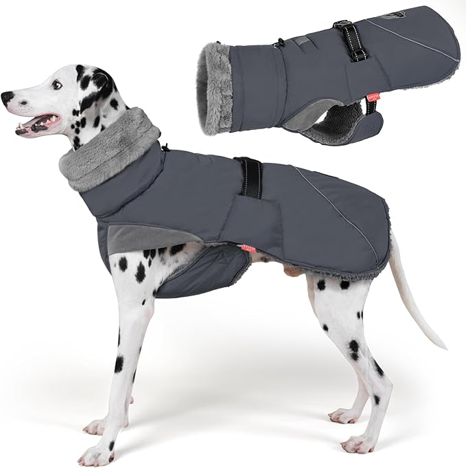 KYEESE Waterproof Dog Coat, Windproof Warm Winter Jacket with Thick Fleece Lined, Cozy Turtleneck Dog Coats for Large Dogs with Leash Hole, Reflective Outdoor Cold Weather Coat, Gray, XXX-Large