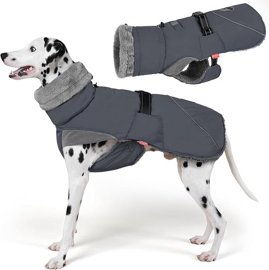 KYEESE Waterproof Dog Coat, Windproof Warm Winter Jacket with Thick Fleece Lined, Cozy Turtleneck Dog Coats for Large Dogs with Leash Hole, Reflective Outdoor Cold Weather Coat, Gray, XXX-Large