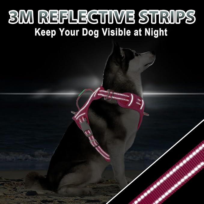 BARKBAY No Pull Dog Harness 3 Buckles Large Reflective Dog Harness with Front Clip and Easy Control Handle for Walking Training Running with ID tag Pocket(Pink,L)