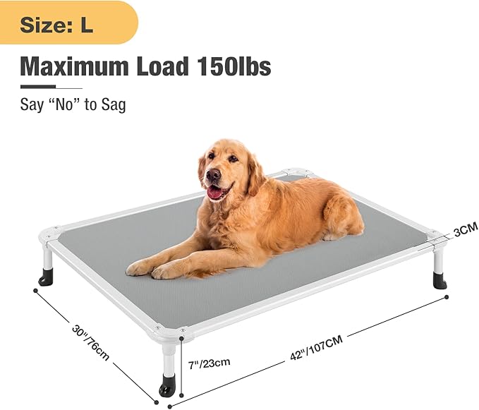 Veehoo Chew Proof Elevated Dog Bed - Cooling Raised Pet Cot - Silver Aluminum Frame and Durable Textilene Mesh Fabric, Unique Designed No-Slip Feet for Indoor or Outdoor Use, Grey, Large, CWC2003