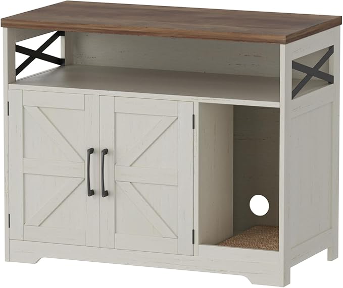 Cat Litter Box Enclosure, Hidden Litter Box Furniture with Scratch Pad, Farmhouse Indoor Cat House Washroom End Table, White