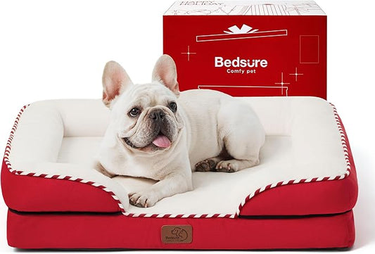 Bedsure Orthopedic Dog Bed Medium Size Dogs - Washable Medium Dog Cat Bed Waterproof, Comfort Pet Couch Sofa with Washable Removable Cover, Pets Bed with Nonskid Bottom, Red, 28"