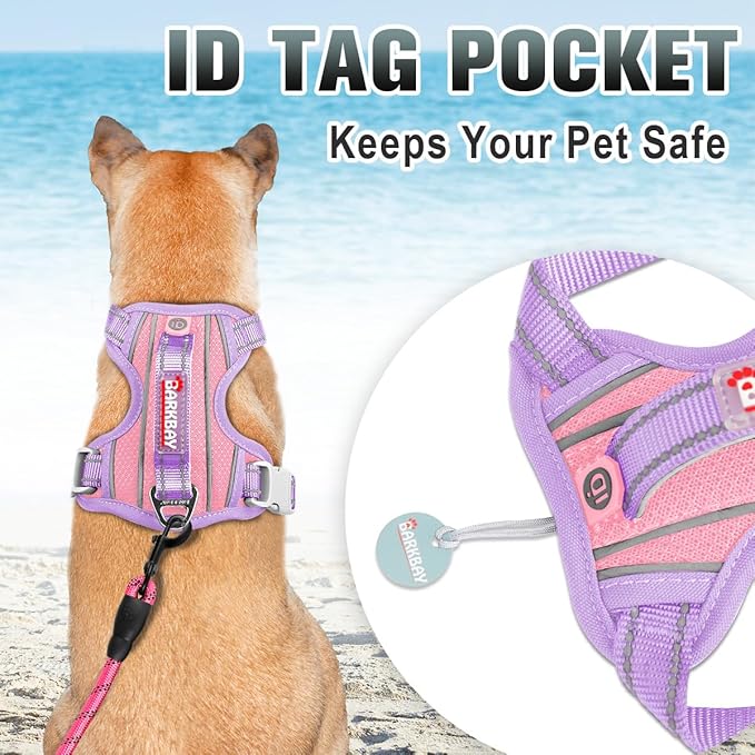 BARKBAY No Pull Dog Harness Large Reflective Dog Harness with Front Clip and Easy Control Handle for Walking Training Running with ID tag Pocket(Baby Pink & Violet Purple,XS)