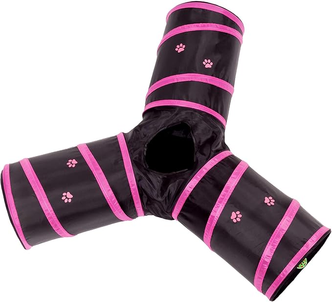 Cat Tunnel - Collapsible 3 Way Play Toy - Interactive Tube Toys for Rabbits, Kittens, and Dogs - Black/Pink