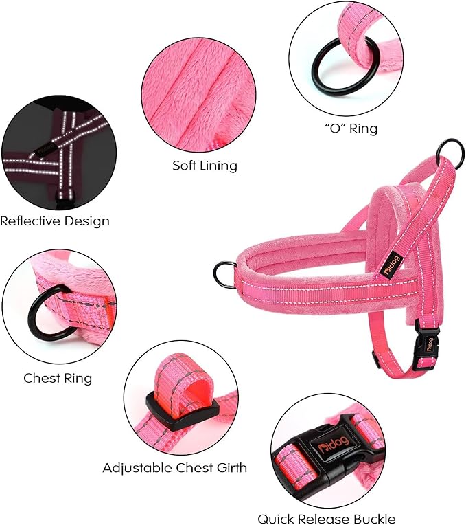 Didog Soft Flannel Padded Dog Vest Harness, No Pull/Quick Fit Reflective Dog Strap Harness, Easy for Training Walking (M:Chest 21-26", Pink)