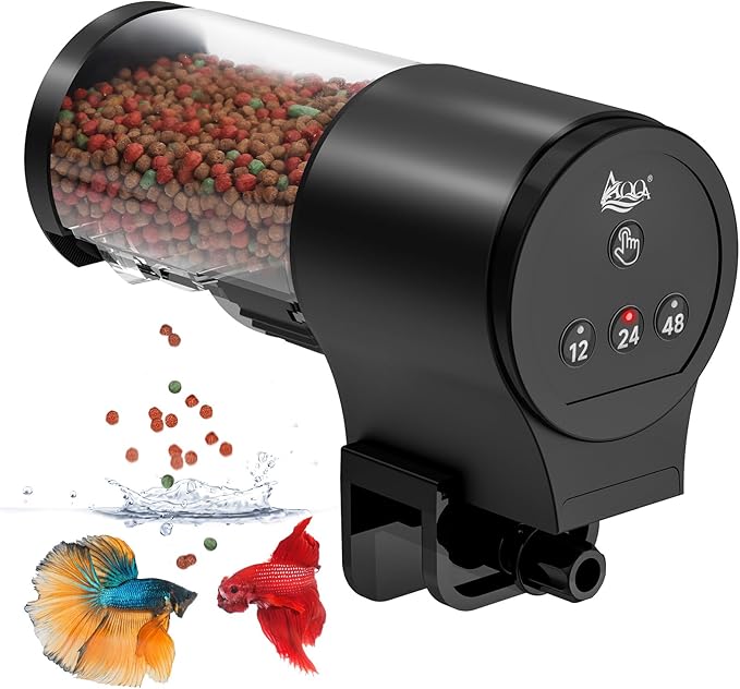AQQA Automatic Fish Feeder for Aquarium Auto Feeder with 12H/24H/48H Timer 110ml Large Capacity Manual/Auto Feeding Modes Battery Powered Fish Food Dispenser