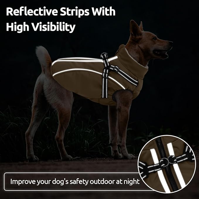 Dog Winter Coat with Harness Built in Warm Puffer Dog Jackets for Small Medium Large Dogs Windproof Waterproof Outfit with Plush Lining and Reflective Stripes (Brown, L)