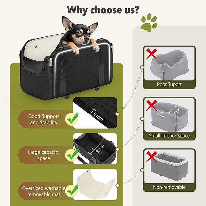 YUDODO Large Dog Car Seat for Center Console (Width＞9in) Fits 0-18lbs, Anti-Slip Puppy Cat Travel Portable Booster Seat, Portable Pet Car Bed Carseat Dual Front & Rear Pillow Black
