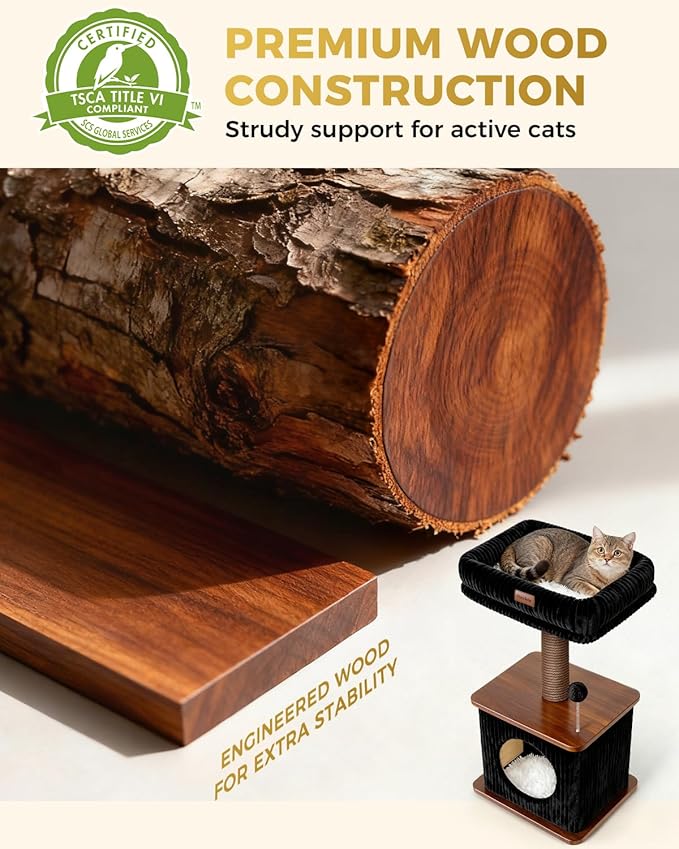 Modern Cat Tree for Indoor Cats, Nordic Loft Style, Wooden Cat Tower with Sisal Scratching Posts, Soft Padded Beds & Cozy Condos, Floor-Mounted for Kittens & Adult Cats