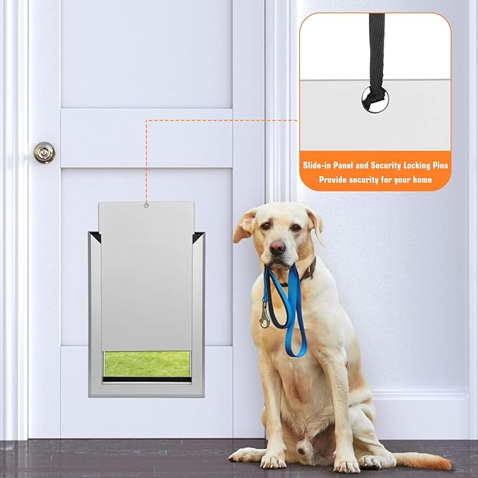 Ownpets Aluminum Large Dog Door, Pet Door with Magnetic Flap and Lockable Sliding Panel, Heavy Duty Doggy Door for Dogs Up to 100lbs(Silver)