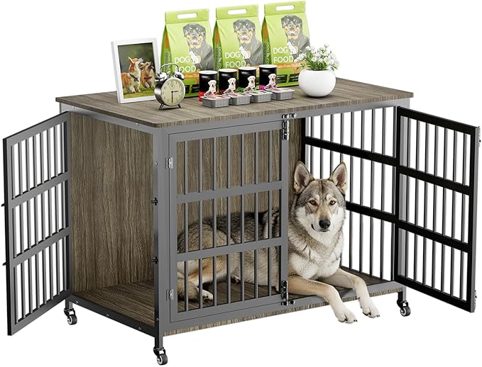 46" Dog Crate Furniture with Wheels, XXL Heavy Duty Dog Kennel Indoor for XL Dogs, Metal Chew-Proof Dog Cage, 45.9" L x 27.6" W x 32.4" H, Decorate House as TV Stand, End Table — Grey