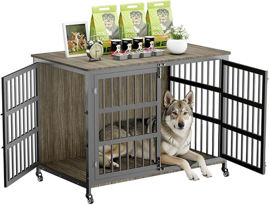46" Dog Crate Furniture with Wheels, XXL Heavy Duty Dog Kennel Indoor for XL Dogs, Metal Chew-Proof Dog Cage, 45.9" L x 27.6" W x 32.4" H, Decorate House as TV Stand, End Table — Grey