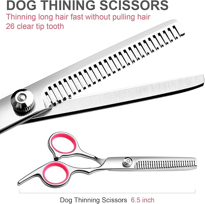Dog Grooming Scissors with Safety Round Tips Stainless Steel Professional Dog Grooming Kit - Thinning, Curved Scissors and Comb for Cat Pet (Pink 4 in 1)