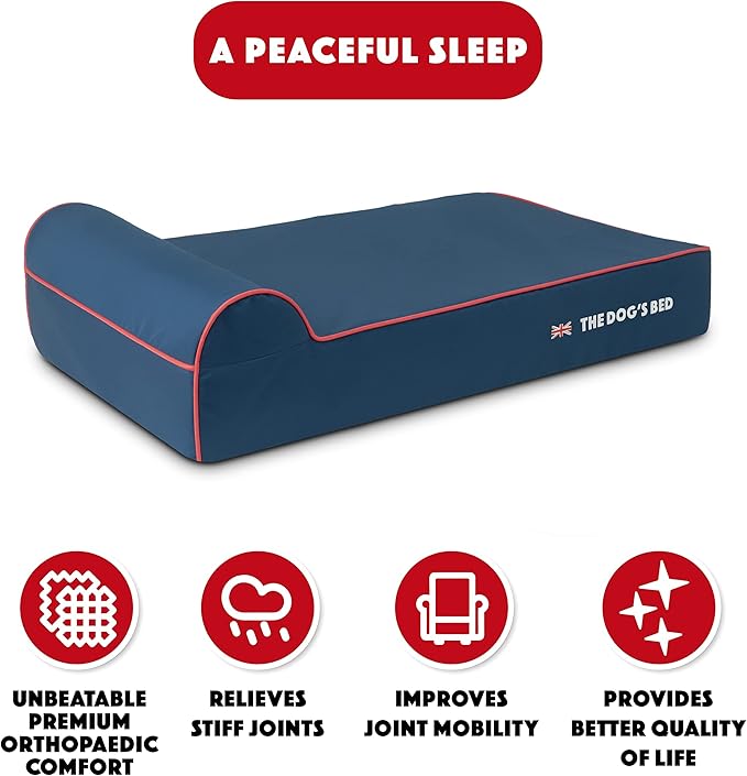 The Dog’s Bed Orthopedic Headrest Dog Bed Large Blue Oxford with Red Trim UK Flag Dog Bed, Memory Foam, Hip & Elbow Dysplasia, Post Surgery, Waterproof Washable Cover