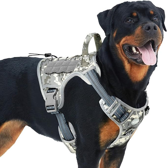Auroth Tactical Dog Training Harness No Pulling Front Clip Leash Adhesion Reflective K9 Pet Working Vest Easy Control for Small Medium Large Dogs Grey Camo L