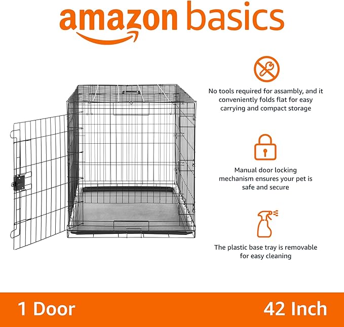 Amazon Basics - Durable, Foldable Metal Wire Dog Crate with Tray, Single Door, 42 x 28 x 30 in, Black