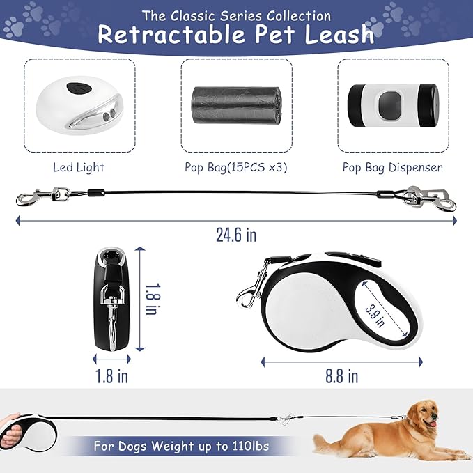 26Ft Retractable Dog Leash - for Dog Up to 110lbs, Tangle Free Walking Leash with Chew Proof Cable | LED Light | Dispenser | Poop Bags, Quick Lock Braking & Non-Slip Handle (White)