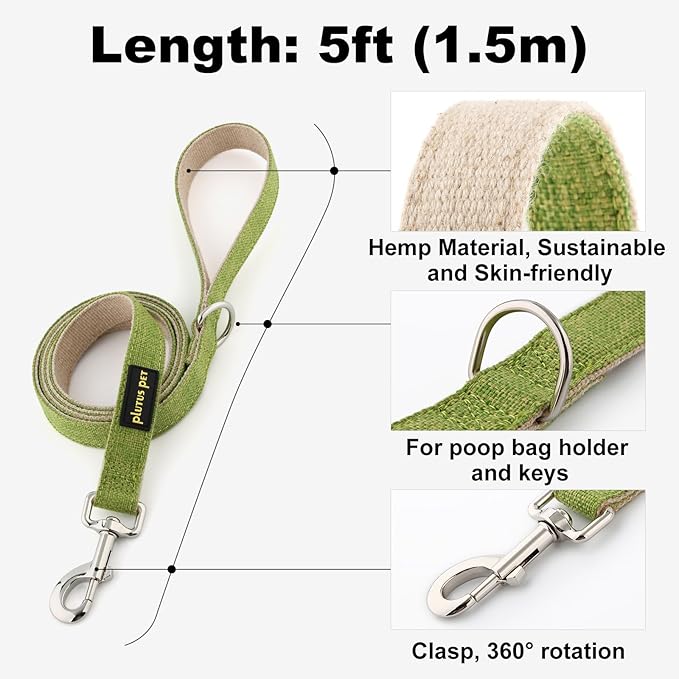 Plutus Pet Cotton Hemp Dog Collar and Leash Set, Adjustable Collar for Small, Medium, and Large Dogs, Heavy Duty and Soft on Skin, Green, L