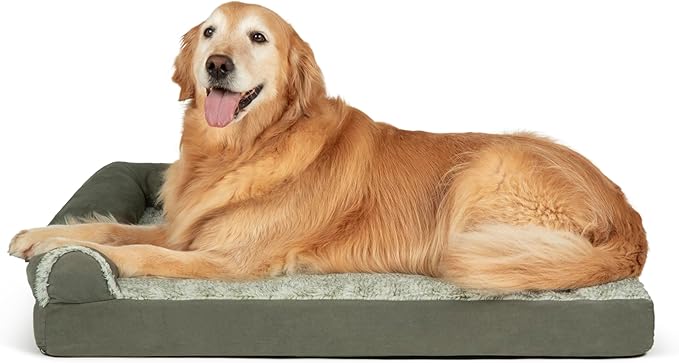 Furhaven Orthopedic Dog Bed for Large/Medium Dogs w/ Removable Bolsters & Washable Cover, For Dogs Up to 55 lbs - Two-Tone Plush Faux Fur & Suede L Shaped Chaise - Dark Sage, Large