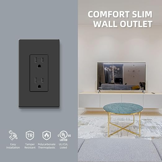 15 Amp Standard Decorator Electrical Wall Outlet, Tamper Resistant Wall Receptacle, 3 Prong Socket, Black, 10 Pack