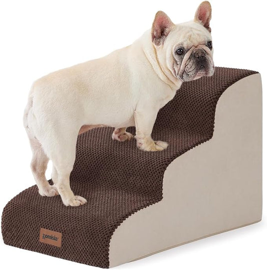 Dog Stairs for Small Dogs - Pet Stairs for Couch and Bed, 35D Foam Dog Steps Ramp with Non-Slip Bottom Brown, 3 Steps