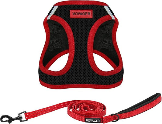 Voyager Step-in Air All Weather Mesh Harness and Reflective Dog 5 ft Leash Combo with Neoprene Handle, for Small, Medium and Large Breed Puppies by Best Pet Supplies - Red Trim, XS