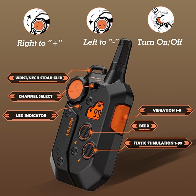 PATPET Dog Training Collar, 1.2 Mile Range 101 Training Levels Dog Shock Collar with Remote Control (15-150 lbs), Waterproof 100% Safe E Collar for Large Breed for Dogs Black with Vivid Orange