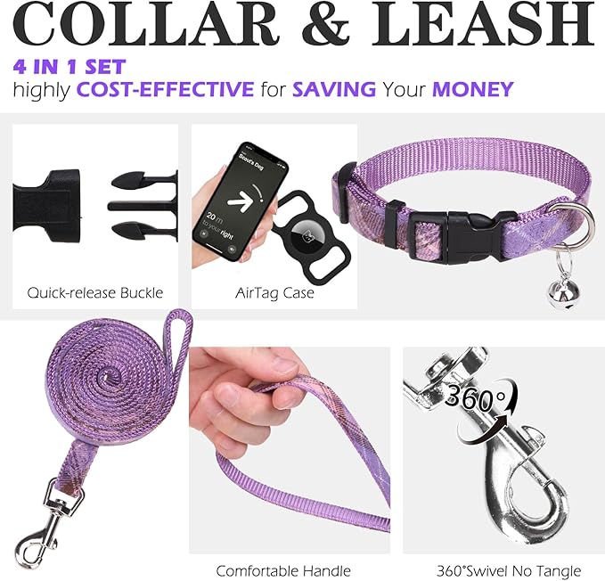 EXPAWLORER Classic Plaid Puppy Harness - Small Dog Harness and Leash Set - Dog Collar and Leash Set with AirTag Holder, Soft Padded Step in Dog Vest Harness No Pull Reflective for Outdoor, Purple M