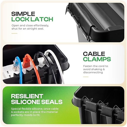 SockitBox – The Original Weatherproof Connection Box – Indoor & Outdoor Electrical Power Cord Enclosure for Timers, Extension Cables, Reels, Transformers, Power Strips, Lights & Tools – Large – Black