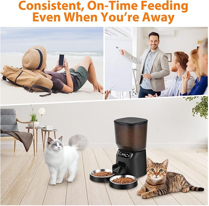 Automatic Cat Feeders for Two Cats, 5L/20 Cups Double Automatic Cat Food Dispenser with 2 Stainless Bowls, Timer Setting 20 Portions 6 Meals Per Day, 10s Meal Call, Pet Feeder for Dog (Black, 5L)