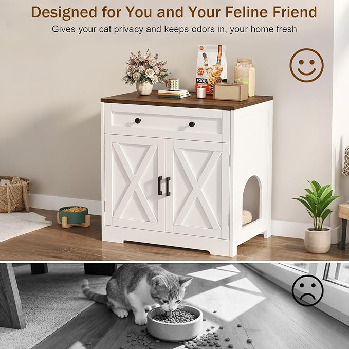 Cat Litter Box Enclosure with Storage Drawers, Hidden Litter Box Wooden Furniture, Modern Farmhouse Indoor Cat House and Multi Functional Side Table, White