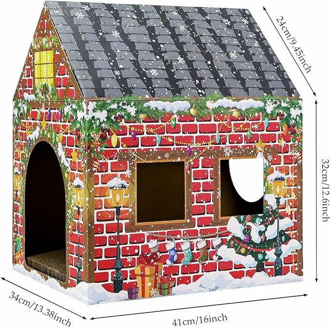 Christmas Cardboard Cat House with Scratch Pad Large Christmas Cat Scratching Playhouse Scratcher House for Indoor Xmas Cats Cardboard Cat Play Box (Red and Green)