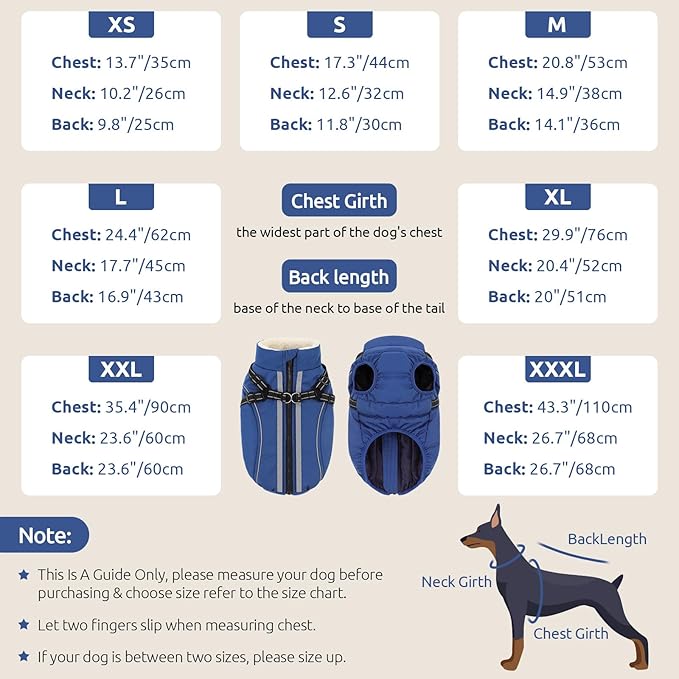Dog Winter Coat with Harness Built in Warm Puffer Dog Jackets for Small Medium Large Dogs Windproof Waterproof Outfit with Plush Lining and Reflective Stripes (Blue, XL)