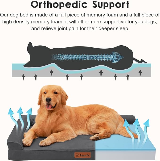 Orthopedic Dog Bed for Large Dogs, 44"x32"x6" Memory Foam Pet Bed with Washable Microsuede Cover, TPU Waterproof Liner & Nonskid Bottom, for Indoor, Outdoor, Crate ＆ Car Use, Dark Grey