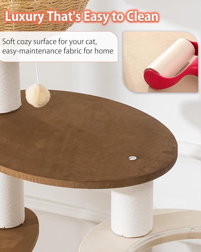 Modern Cat Tree for Large Cat, 56.7-Inch Tall Cat Tower with Scratching Post for Indoor Cats, Multi-Level Cat Condo with Hand-Woven Cat Bed and Hammock Acrylic Bowl (Particleboard 56.7in)