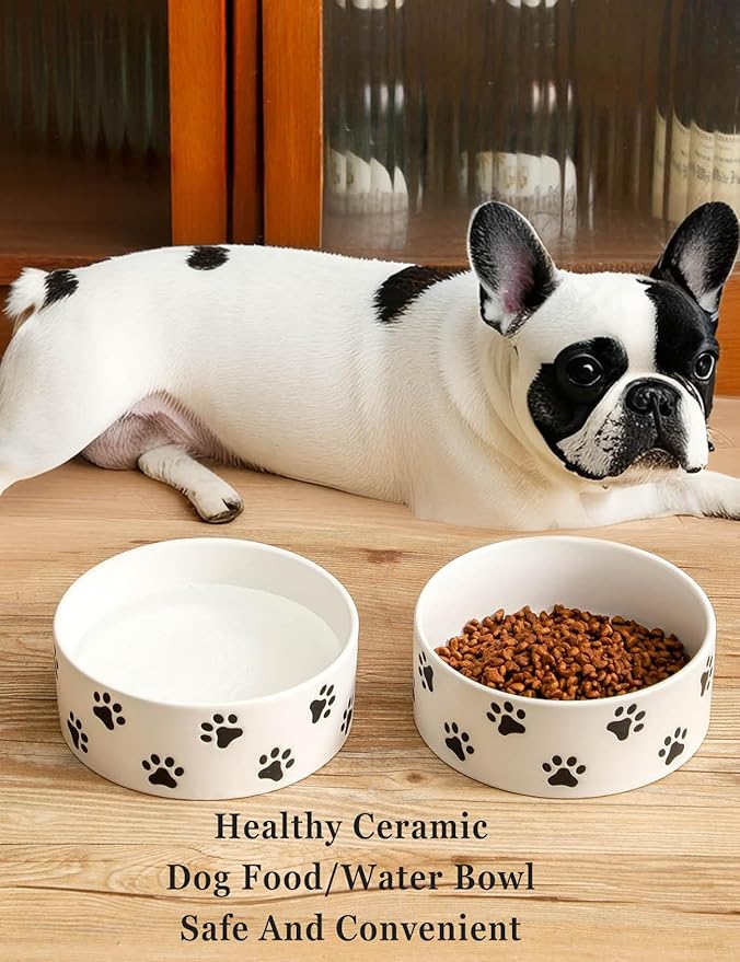 6.5 Inch White Ceramic Dog Bowl with Paw Print Pattern - Porcelain Wide Mouth Dog Food or Water Bowls, Large Feeding Pet Bowls for Indoor Medium Sized Dogs, for Wet or Dry Food