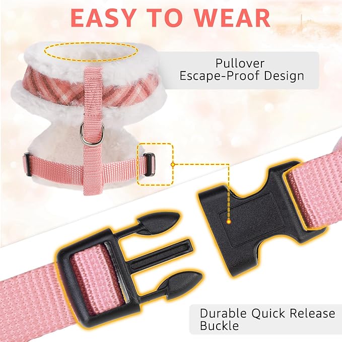 SCENEREAL Small Dog Harness Collar and Leash Set, Mesh Plush No Pull Puppy Vest Harness, Warm Fleece No Chock Step in Small Pet Halter for Outdoor Walking Training, Pink Plaid XS